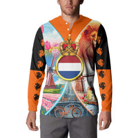 Dutch Lion Design Button Sweatshirt with Tulips Windmills Bicycles and Coat of Arms