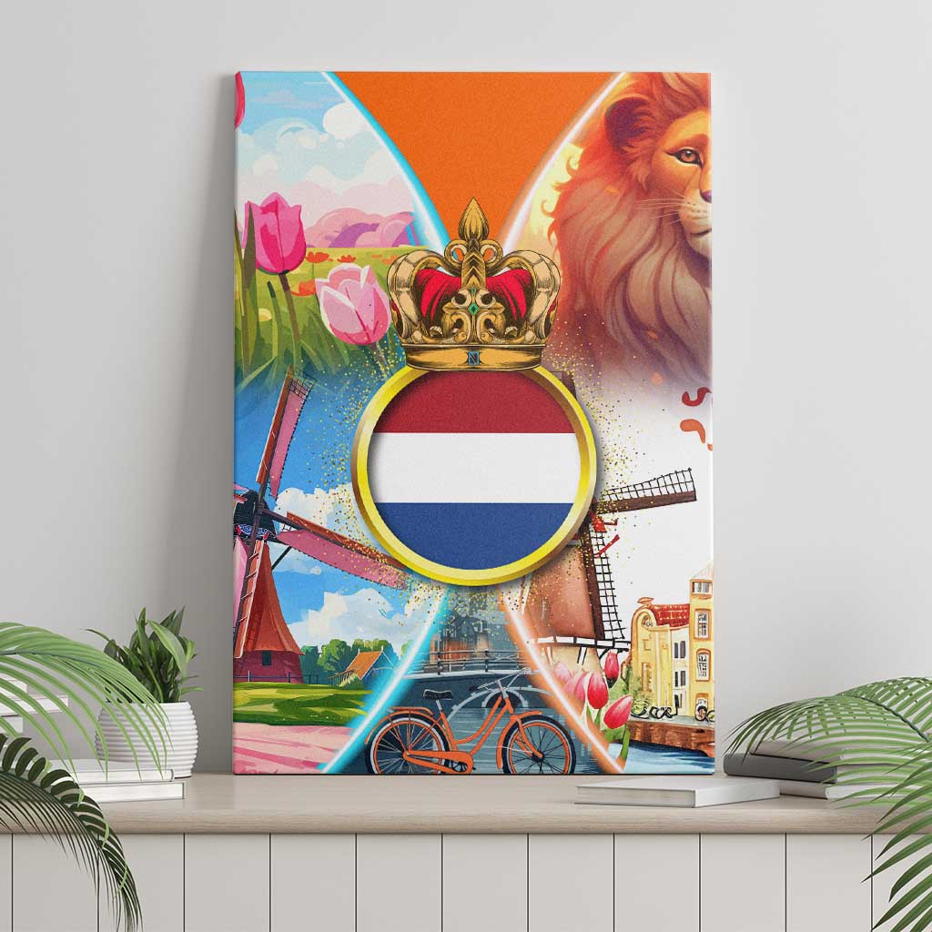 Dutch Lion Design Canvas Wall Art with Tulips Windmills Bicycles and Coat of Arms