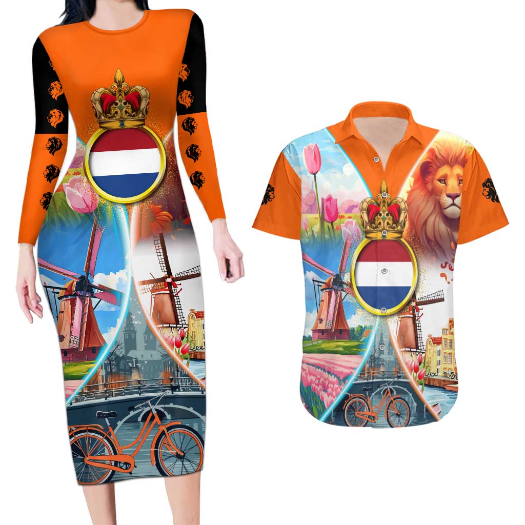 Dutch Lion Design Couples Matching Long Sleeve Bodycon Dress and Hawaiian Shirt with Tulips Windmills Bicycles and Coat of Arms