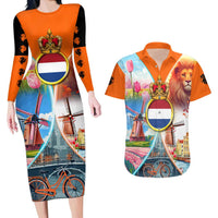 Dutch Lion Design Couples Matching Long Sleeve Bodycon Dress and Hawaiian Shirt with Tulips Windmills Bicycles and Coat of Arms