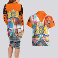 Dutch Lion Design Couples Matching Long Sleeve Bodycon Dress and Hawaiian Shirt with Tulips Windmills Bicycles and Coat of Arms