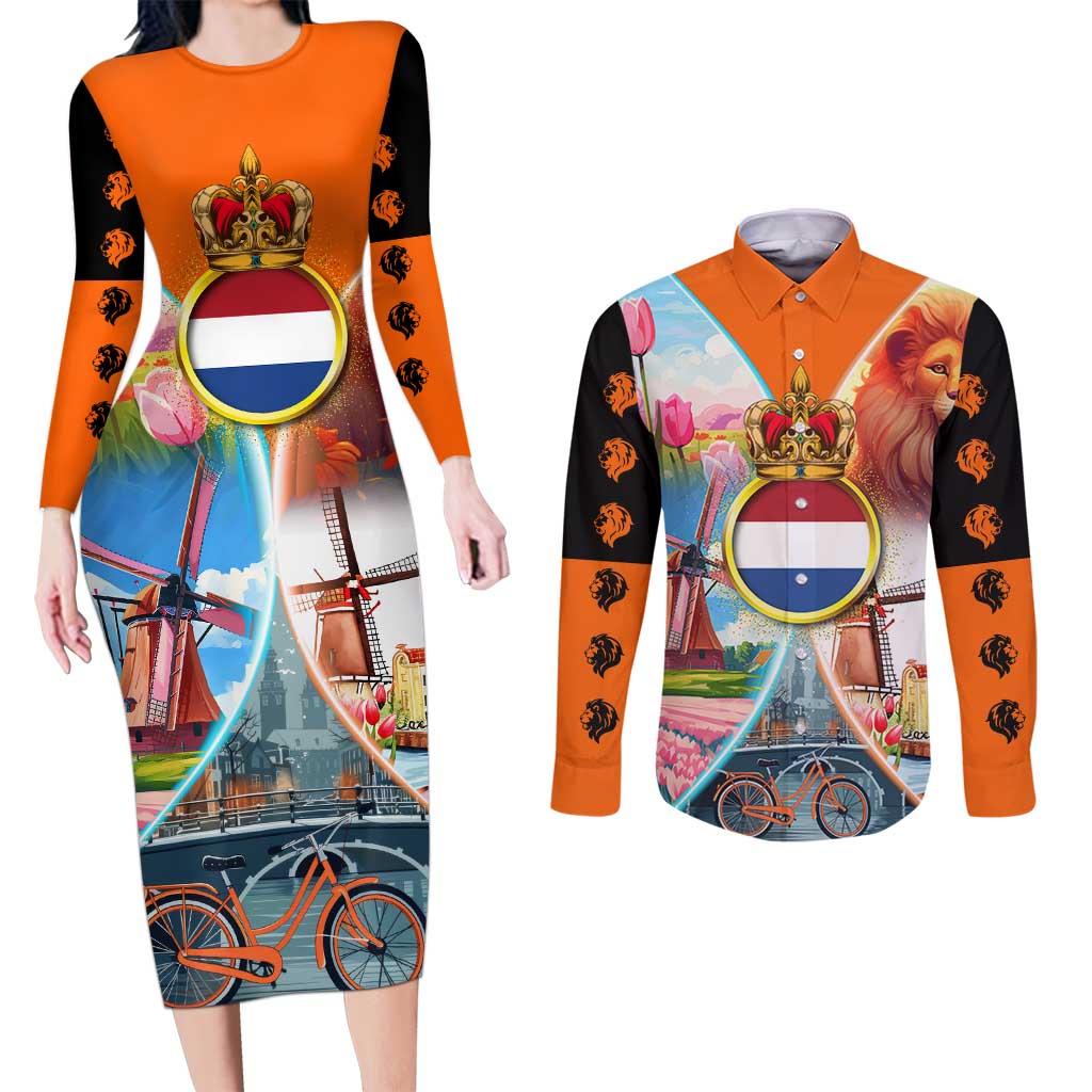 Dutch Lion Design Couples Matching Long Sleeve Bodycon Dress and Long Sleeve Button Shirt with Tulips Windmills Bicycles and Coat of Arms