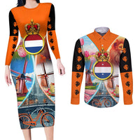 Dutch Lion Design Couples Matching Long Sleeve Bodycon Dress and Long Sleeve Button Shirt with Tulips Windmills Bicycles and Coat of Arms