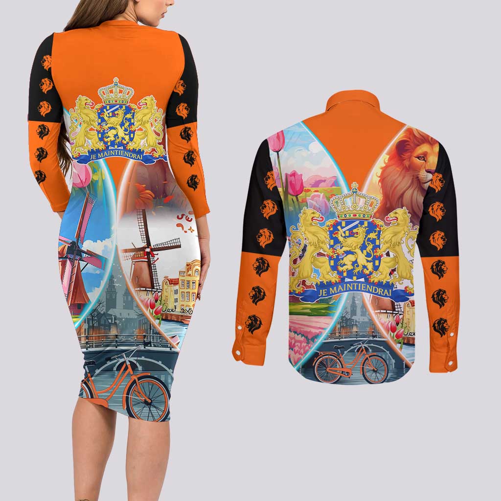 Dutch Lion Design Couples Matching Long Sleeve Bodycon Dress and Long Sleeve Button Shirt with Tulips Windmills Bicycles and Coat of Arms