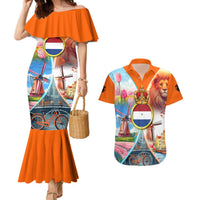 Dutch Lion Design Couples Matching Mermaid Dress and Hawaiian Shirt with Tulips Windmills Bicycles and Coat of Arms