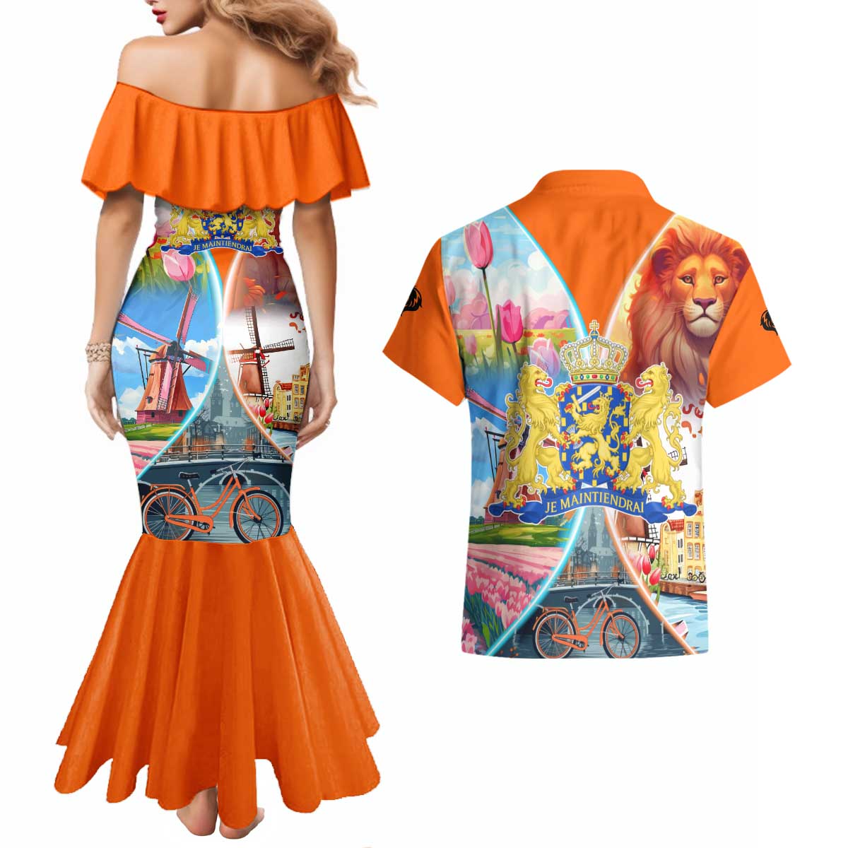 Dutch Lion Design Couples Matching Mermaid Dress and Hawaiian Shirt with Tulips Windmills Bicycles and Coat of Arms