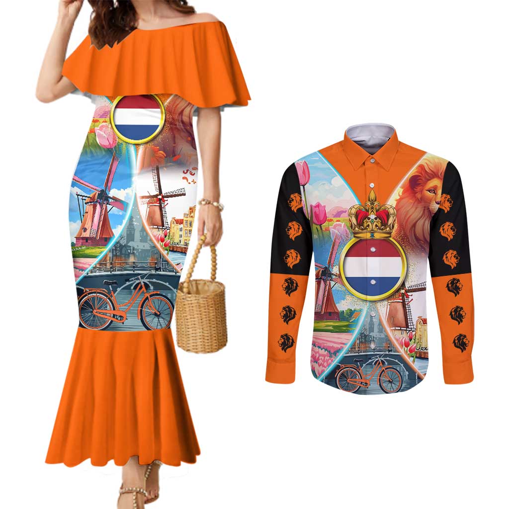 Dutch Lion Design Couples Matching Mermaid Dress and Long Sleeve Button Shirt with Tulips Windmills Bicycles and Coat of Arms