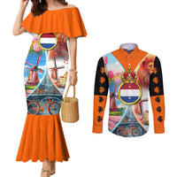 Dutch Lion Design Couples Matching Mermaid Dress and Long Sleeve Button Shirt with Tulips Windmills Bicycles and Coat of Arms