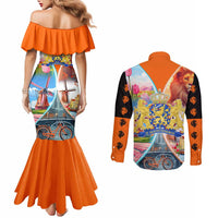 Dutch Lion Design Couples Matching Mermaid Dress and Long Sleeve Button Shirt with Tulips Windmills Bicycles and Coat of Arms