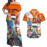 Dutch Lion Design Couples Matching Off Shoulder Maxi Dress and Hawaiian Shirt with Tulips Windmills Bicycles and Coat of Arms