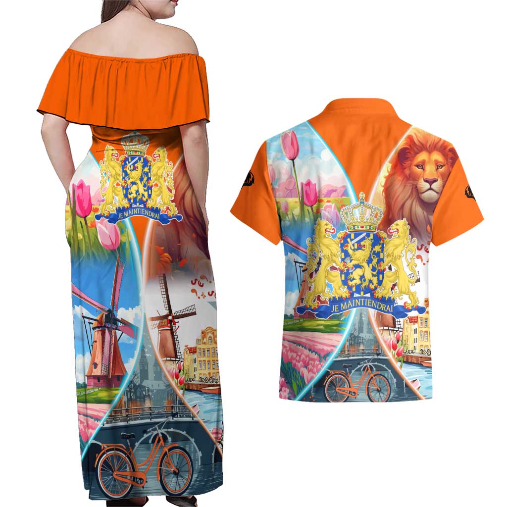 Dutch Lion Design Couples Matching Off Shoulder Maxi Dress and Hawaiian Shirt with Tulips Windmills Bicycles and Coat of Arms