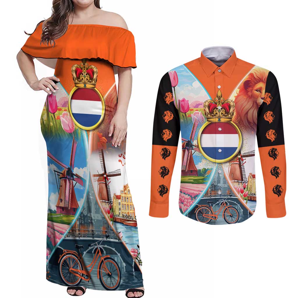 Dutch Lion Design Couples Matching Off Shoulder Maxi Dress and Long Sleeve Button Shirt with Tulips Windmills Bicycles and Coat of Arms