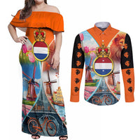 Dutch Lion Design Couples Matching Off Shoulder Maxi Dress and Long Sleeve Button Shirt with Tulips Windmills Bicycles and Coat of Arms