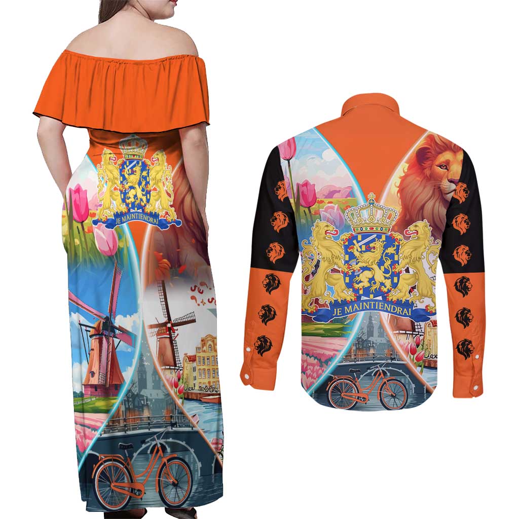 Dutch Lion Design Couples Matching Off Shoulder Maxi Dress and Long Sleeve Button Shirt with Tulips Windmills Bicycles and Coat of Arms