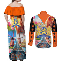 Dutch Lion Design Couples Matching Off Shoulder Maxi Dress and Long Sleeve Button Shirt with Tulips Windmills Bicycles and Coat of Arms