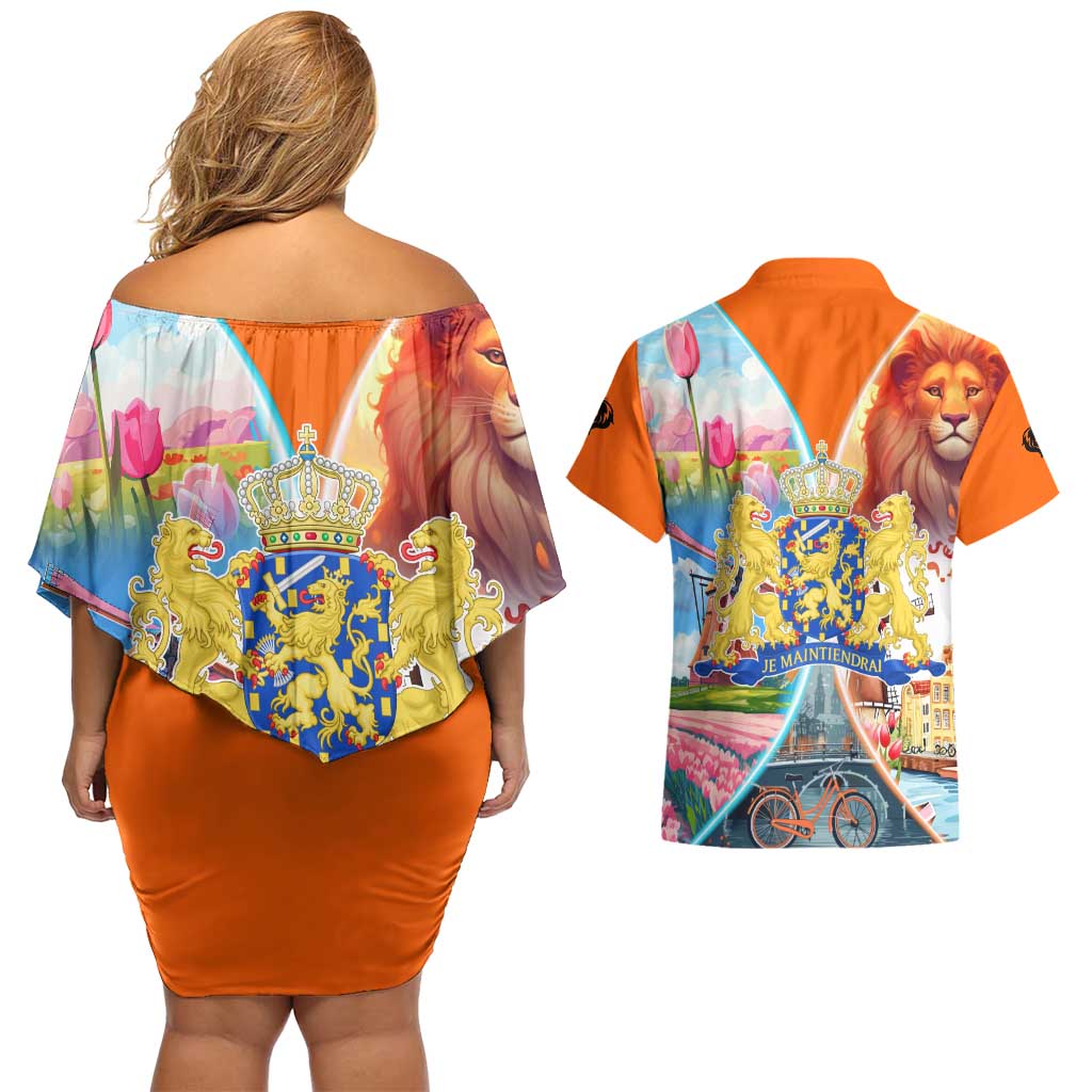 Dutch Lion Design Couples Matching Off Shoulder Short Dress and Hawaiian Shirt with Tulips Windmills Bicycles and Coat of Arms