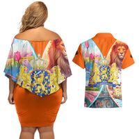 Dutch Lion Design Couples Matching Off Shoulder Short Dress and Hawaiian Shirt with Tulips Windmills Bicycles and Coat of Arms