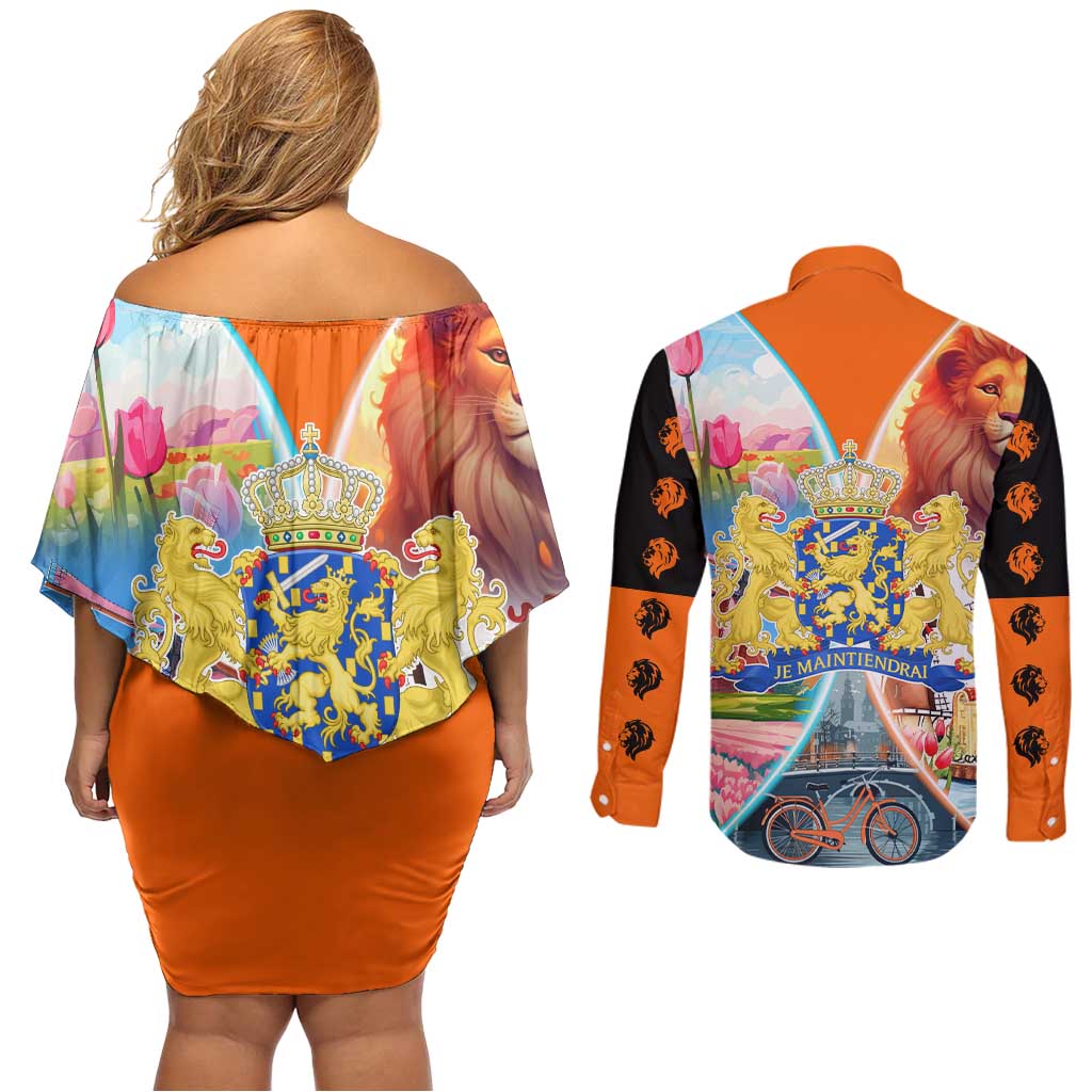 Dutch Lion Design Couples Matching Off Shoulder Short Dress and Long Sleeve Button Shirt with Tulips Windmills Bicycles and Coat of Arms