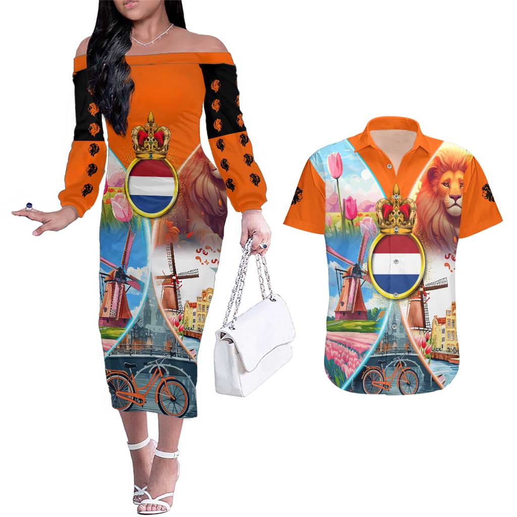 Dutch Lion Design Couples Matching Off The Shoulder Long Sleeve Dress and Hawaiian Shirt with Tulips Windmills Bicycles and Coat of Arms