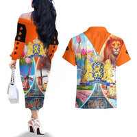 Dutch Lion Design Couples Matching Off The Shoulder Long Sleeve Dress and Hawaiian Shirt with Tulips Windmills Bicycles and Coat of Arms
