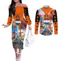 Dutch Lion Design Couples Matching Off The Shoulder Long Sleeve Dress and Long Sleeve Button Shirt with Tulips Windmills Bicycles and Coat of Arms