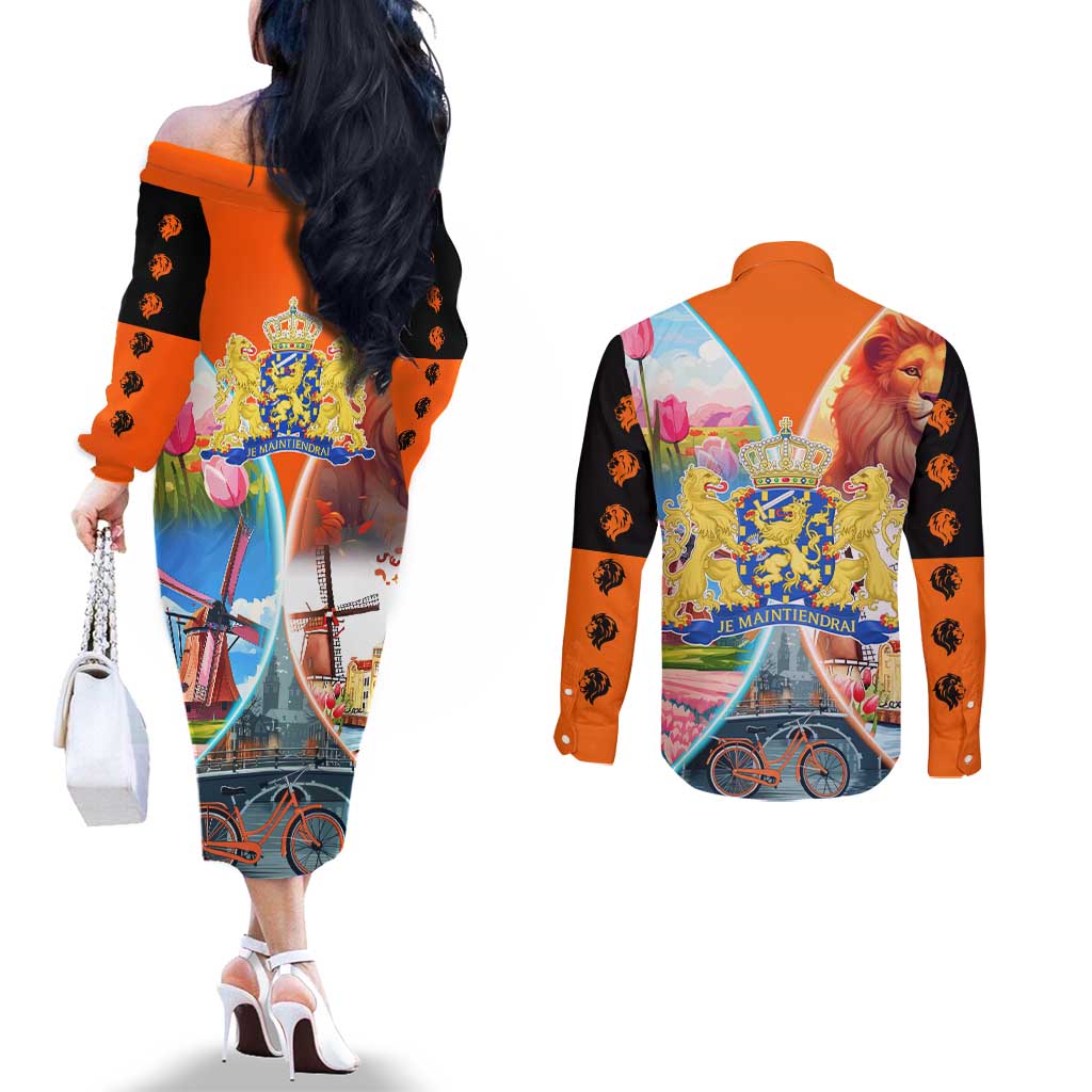 Dutch Lion Design Couples Matching Off The Shoulder Long Sleeve Dress and Long Sleeve Button Shirt with Tulips Windmills Bicycles and Coat of Arms