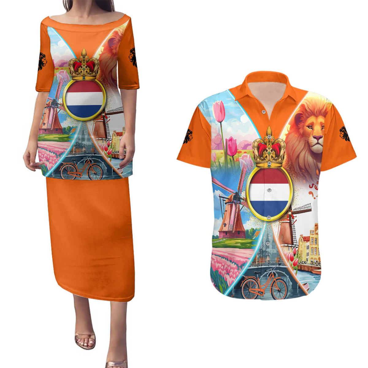 Dutch Lion Design Couples Matching Puletasi and Hawaiian Shirt with Tulips Windmills Bicycles and Coat of Arms
