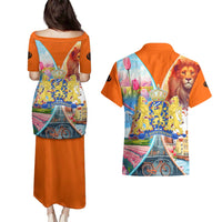 Dutch Lion Design Couples Matching Puletasi and Hawaiian Shirt with Tulips Windmills Bicycles and Coat of Arms