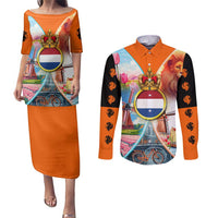 Dutch Lion Design Couples Matching Puletasi and Long Sleeve Button Shirt with Tulips Windmills Bicycles and Coat of Arms