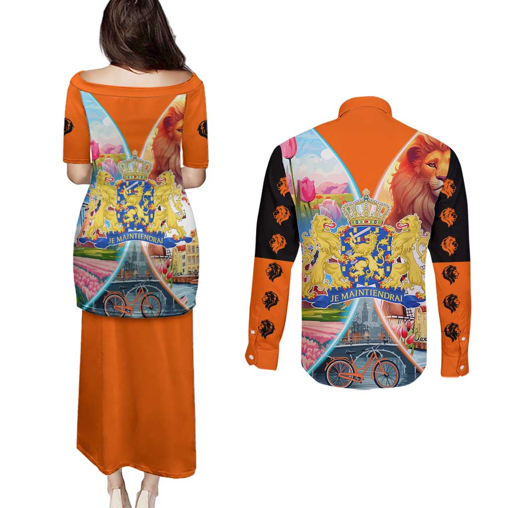 Dutch Lion Design Couples Matching Puletasi and Long Sleeve Button Shirt with Tulips Windmills Bicycles and Coat of Arms