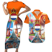 Dutch Lion Design Couples Matching Short Sleeve Bodycon Dress and Hawaiian Shirt with Tulips Windmills Bicycles and Coat of Arms