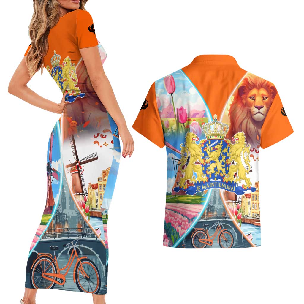 Dutch Lion Design Couples Matching Short Sleeve Bodycon Dress and Hawaiian Shirt with Tulips Windmills Bicycles and Coat of Arms