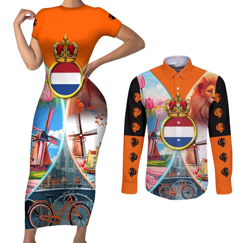 Dutch Lion Design Couples Matching Short Sleeve Bodycon Dress and Long Sleeve Button Shirt with Tulips Windmills Bicycles and Coat of Arms