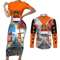 Dutch Lion Design Couples Matching Short Sleeve Bodycon Dress and Long Sleeve Button Shirt with Tulips Windmills Bicycles and Coat of Arms