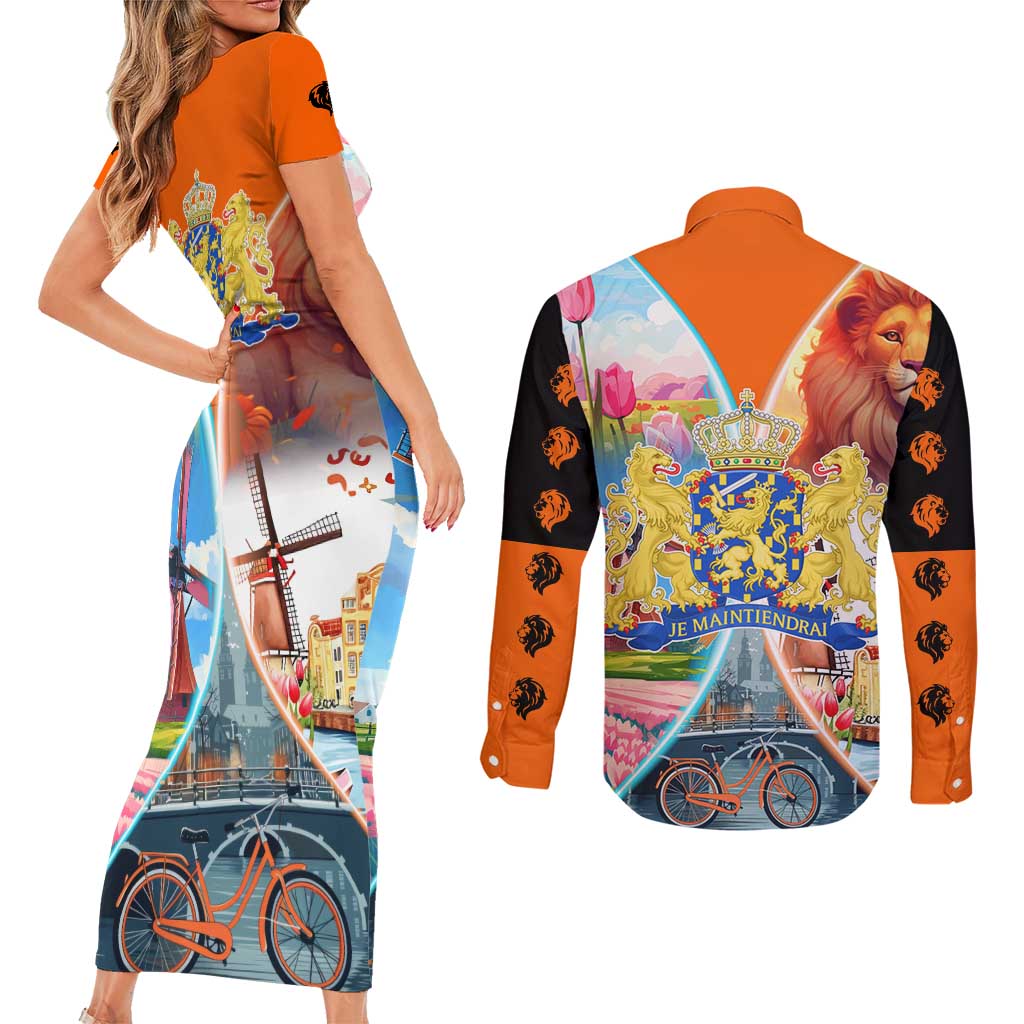 Dutch Lion Design Couples Matching Short Sleeve Bodycon Dress and Long Sleeve Button Shirt with Tulips Windmills Bicycles and Coat of Arms