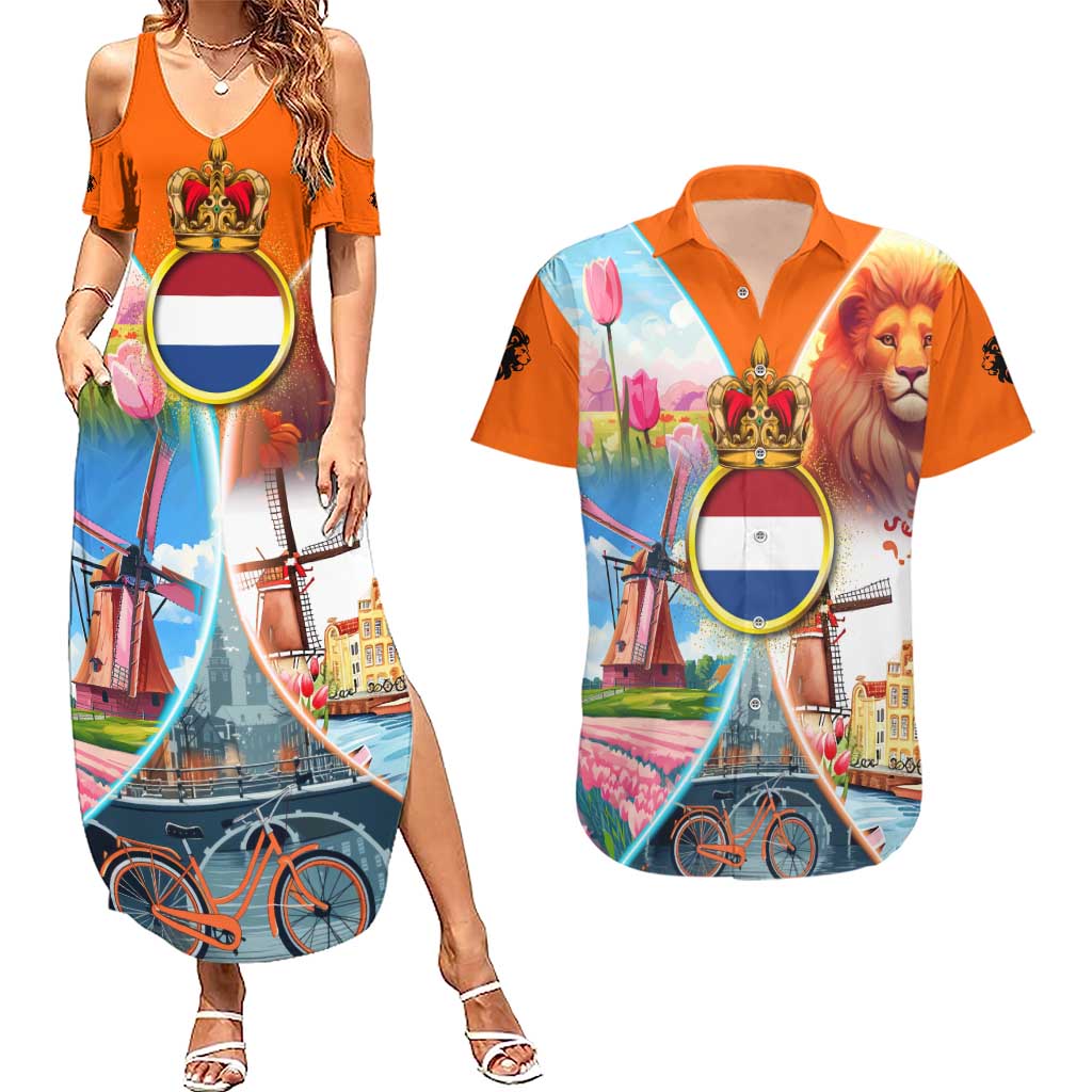 Dutch Lion Design Couples Matching Summer Maxi Dress and Hawaiian Shirt with Tulips Windmills Bicycles and Coat of Arms
