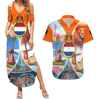 Dutch Lion Design Couples Matching Summer Maxi Dress and Hawaiian Shirt with Tulips Windmills Bicycles and Coat of Arms