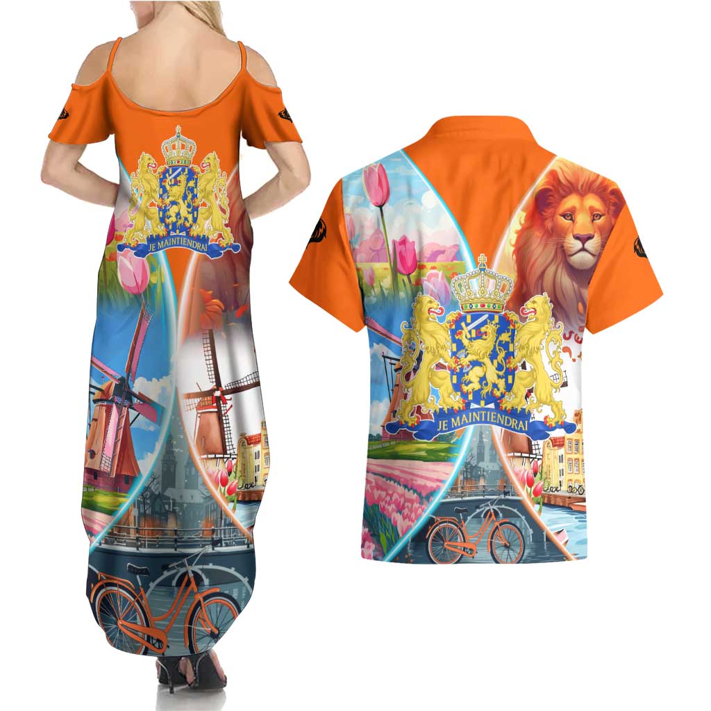 Dutch Lion Design Couples Matching Summer Maxi Dress and Hawaiian Shirt with Tulips Windmills Bicycles and Coat of Arms