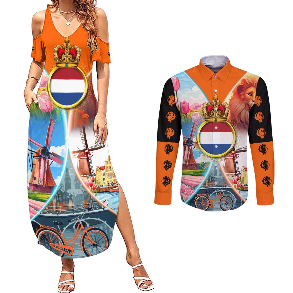Dutch Lion Design Couples Matching Summer Maxi Dress and Long Sleeve Button Shirt with Tulips Windmills Bicycles and Coat of Arms