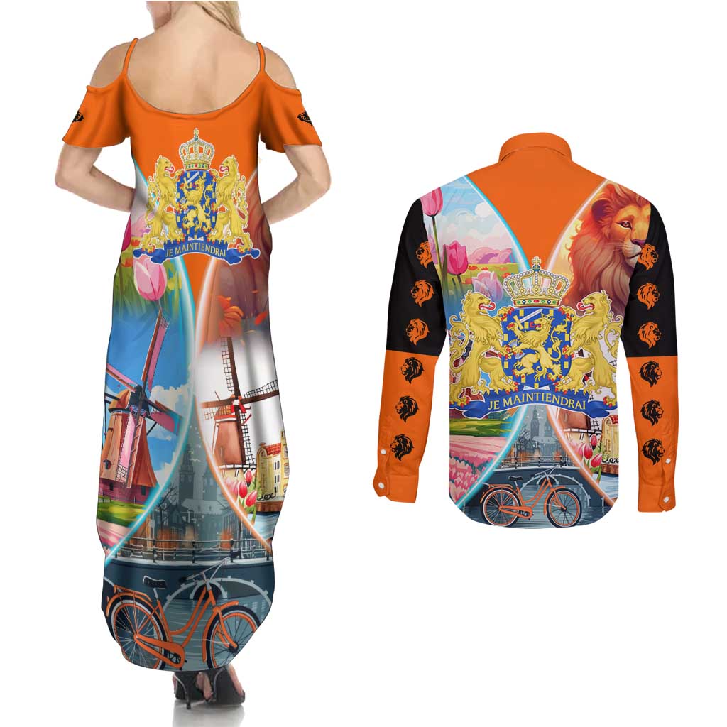 Dutch Lion Design Couples Matching Summer Maxi Dress and Long Sleeve Button Shirt with Tulips Windmills Bicycles and Coat of Arms