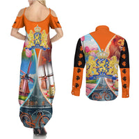 Dutch Lion Design Couples Matching Summer Maxi Dress and Long Sleeve Button Shirt with Tulips Windmills Bicycles and Coat of Arms