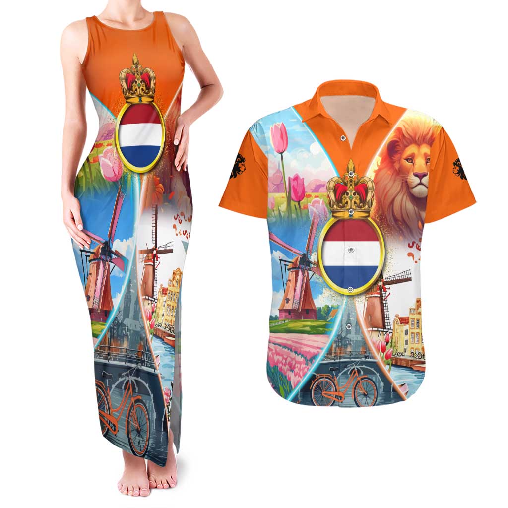 Dutch Lion Design Couples Matching Tank Maxi Dress and Hawaiian Shirt with Tulips Windmills Bicycles and Coat of Arms