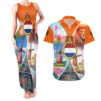 Dutch Lion Design Couples Matching Tank Maxi Dress and Hawaiian Shirt with Tulips Windmills Bicycles and Coat of Arms