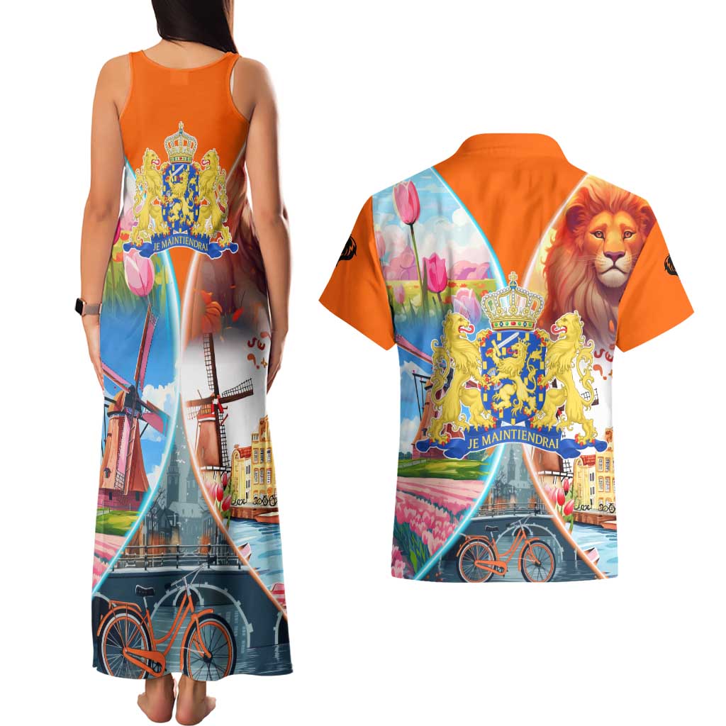 Dutch Lion Design Couples Matching Tank Maxi Dress and Hawaiian Shirt with Tulips Windmills Bicycles and Coat of Arms