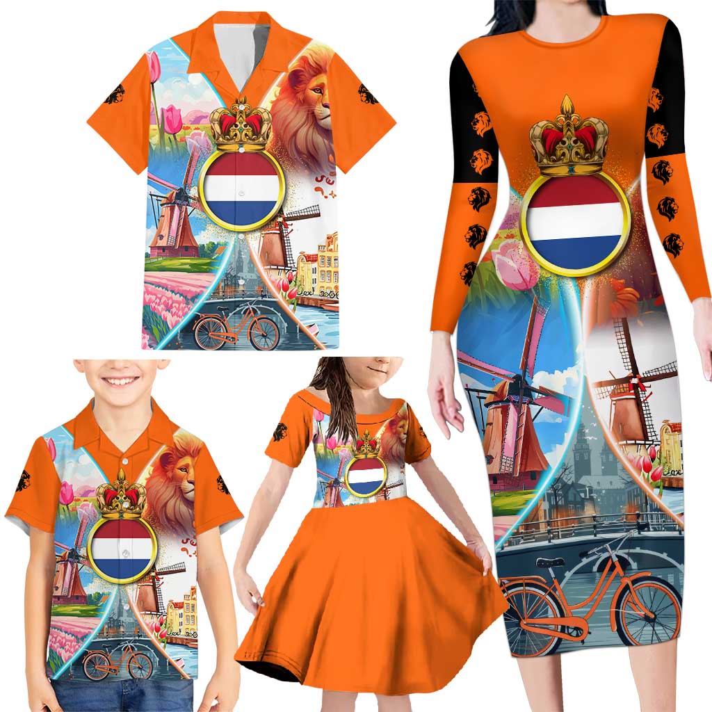 Dutch Lion Design Family Matching Long Sleeve Bodycon Dress and Hawaiian Shirt with Tulips Windmills Bicycles and Coat of Arms