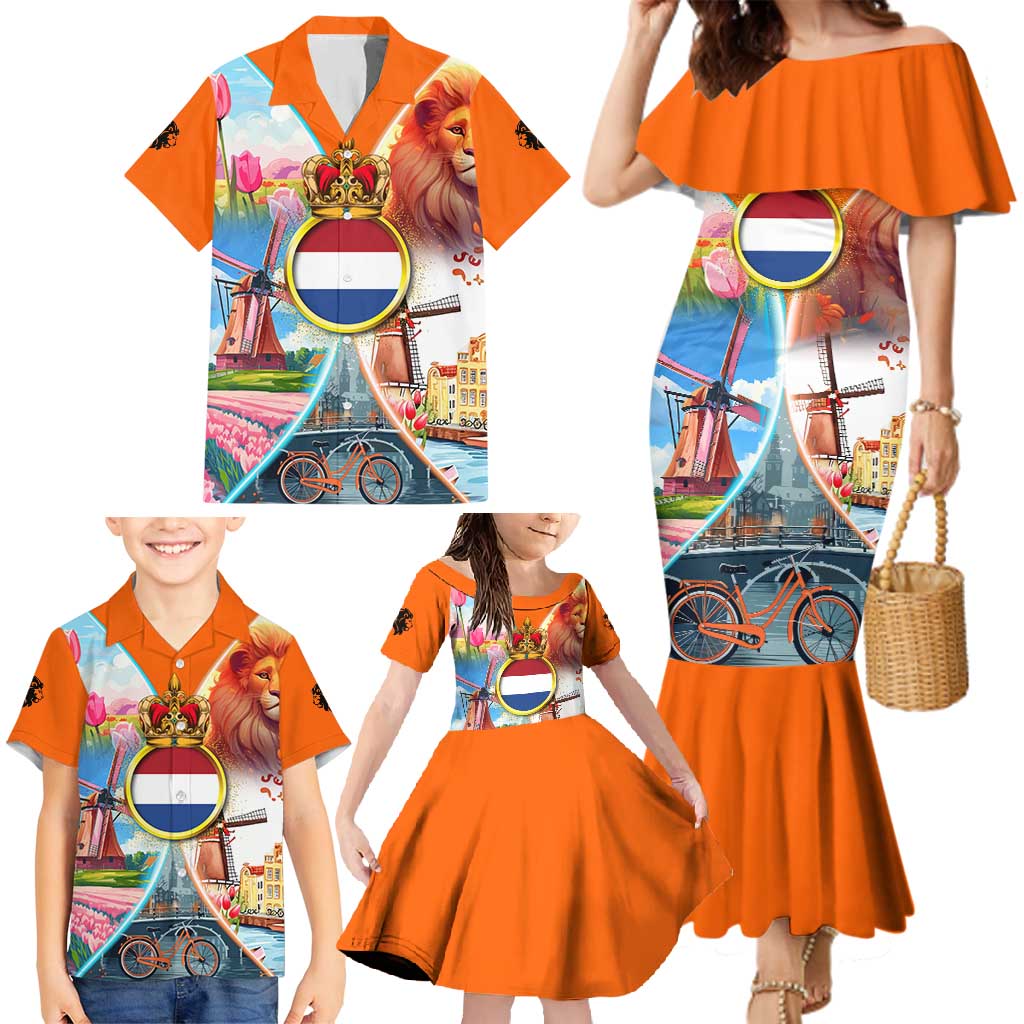 Dutch Lion Design Family Matching Mermaid Dress and Hawaiian Shirt with Tulips Windmills Bicycles and Coat of Arms