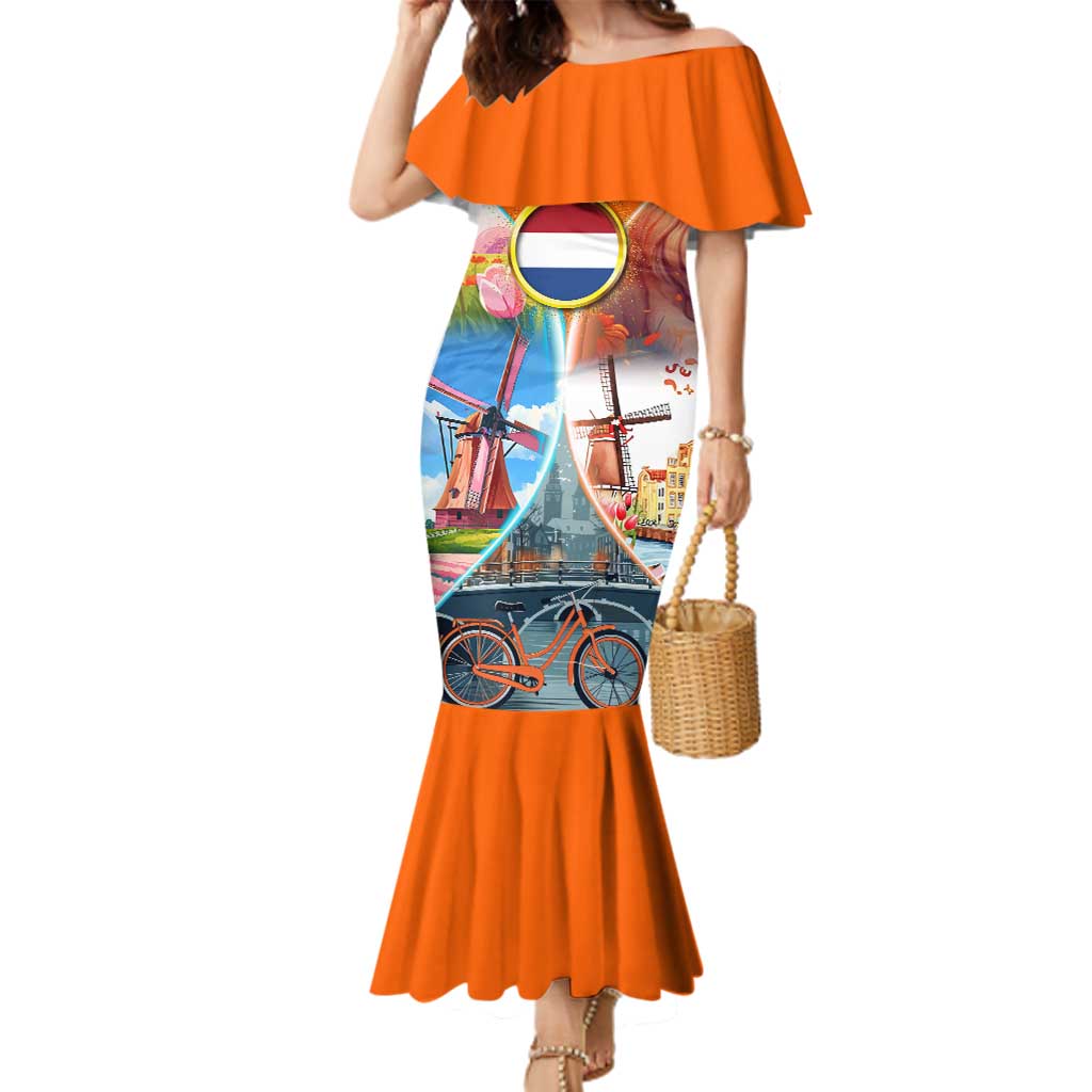 Dutch Lion Design Family Matching Mermaid Dress and Hawaiian Shirt with Tulips Windmills Bicycles and Coat of Arms