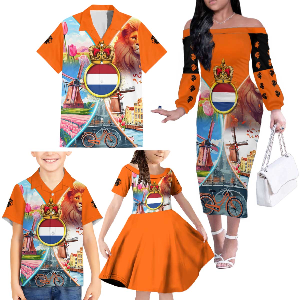 Dutch Lion Design Family Matching Off The Shoulder Long Sleeve Dress and Hawaiian Shirt with Tulips Windmills Bicycles and Coat of Arms