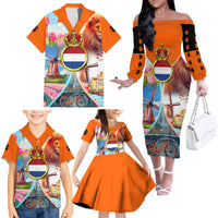 Dutch Lion Design Family Matching Off The Shoulder Long Sleeve Dress and Hawaiian Shirt with Tulips Windmills Bicycles and Coat of Arms