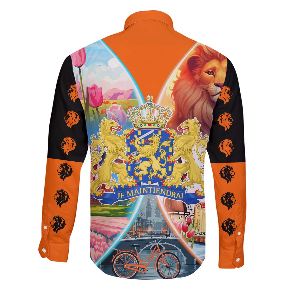 Dutch Lion Design Family Matching Off The Shoulder Long Sleeve Dress and Hawaiian Shirt with Tulips Windmills Bicycles and Coat of Arms